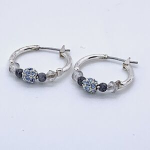 Hoop Earrings Aqua Ball Crystal Beads Clear and Gray Beads Silver Tone Beautiful